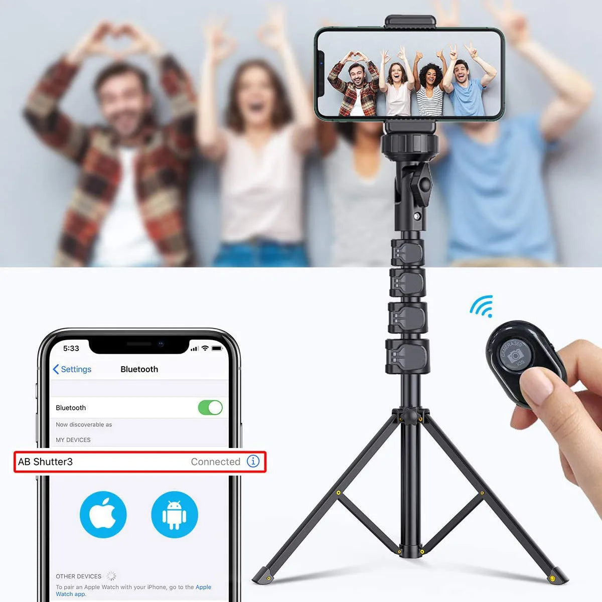 Black aluminium selfie stick tripod extended for use with an Apple iPhone.