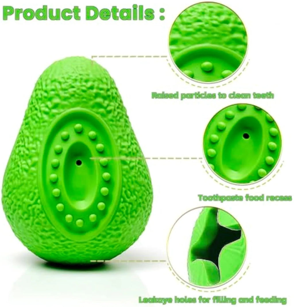 Green avocado-shaped natural rubber dog chew toy with textured surface