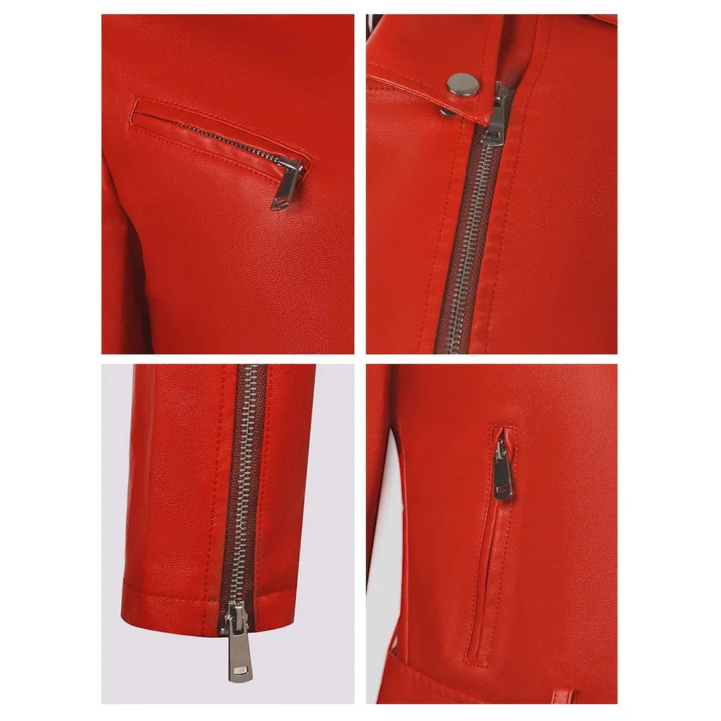 Women's red PU leather motorcycle jacket with short belt lapel and regular sleeves