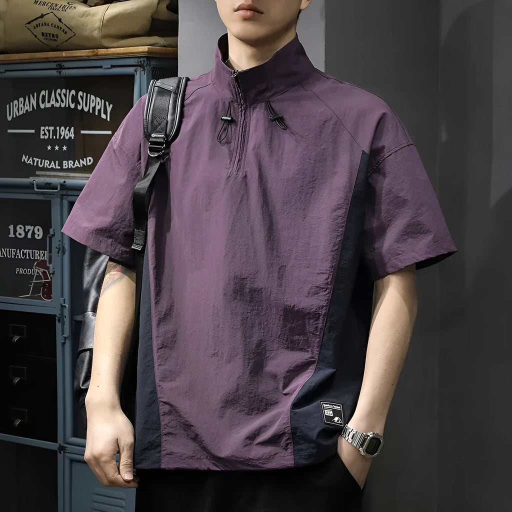 Men's brown and purple half-zip stand collar short sleeve shirt in ice silk fabric with loose fit summer design