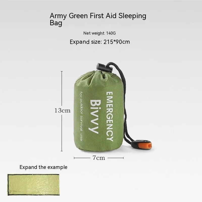 Orange portable disaster relief tent and sleeping bag kit set up outdoors.