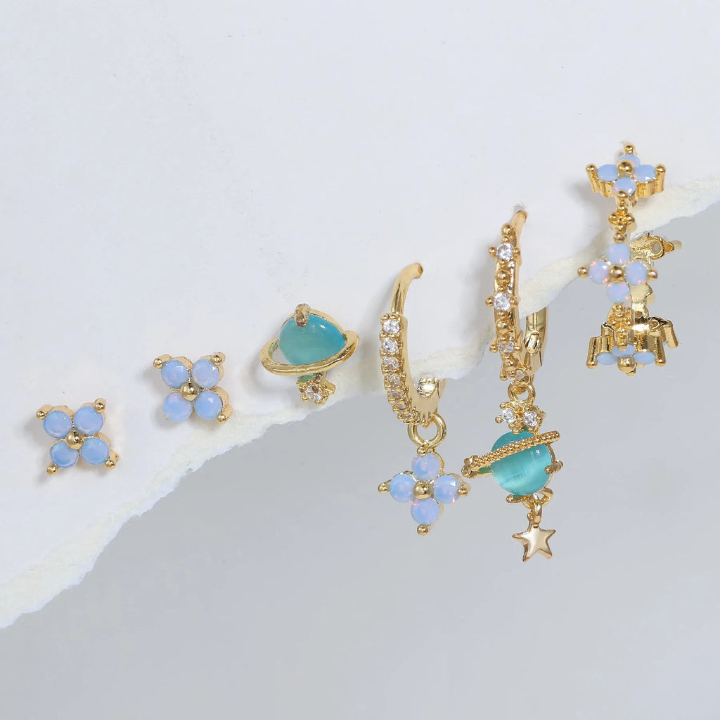 Gold and silver flower nail ear studs with zircon mosaic in Japanese Korean sweet girl style