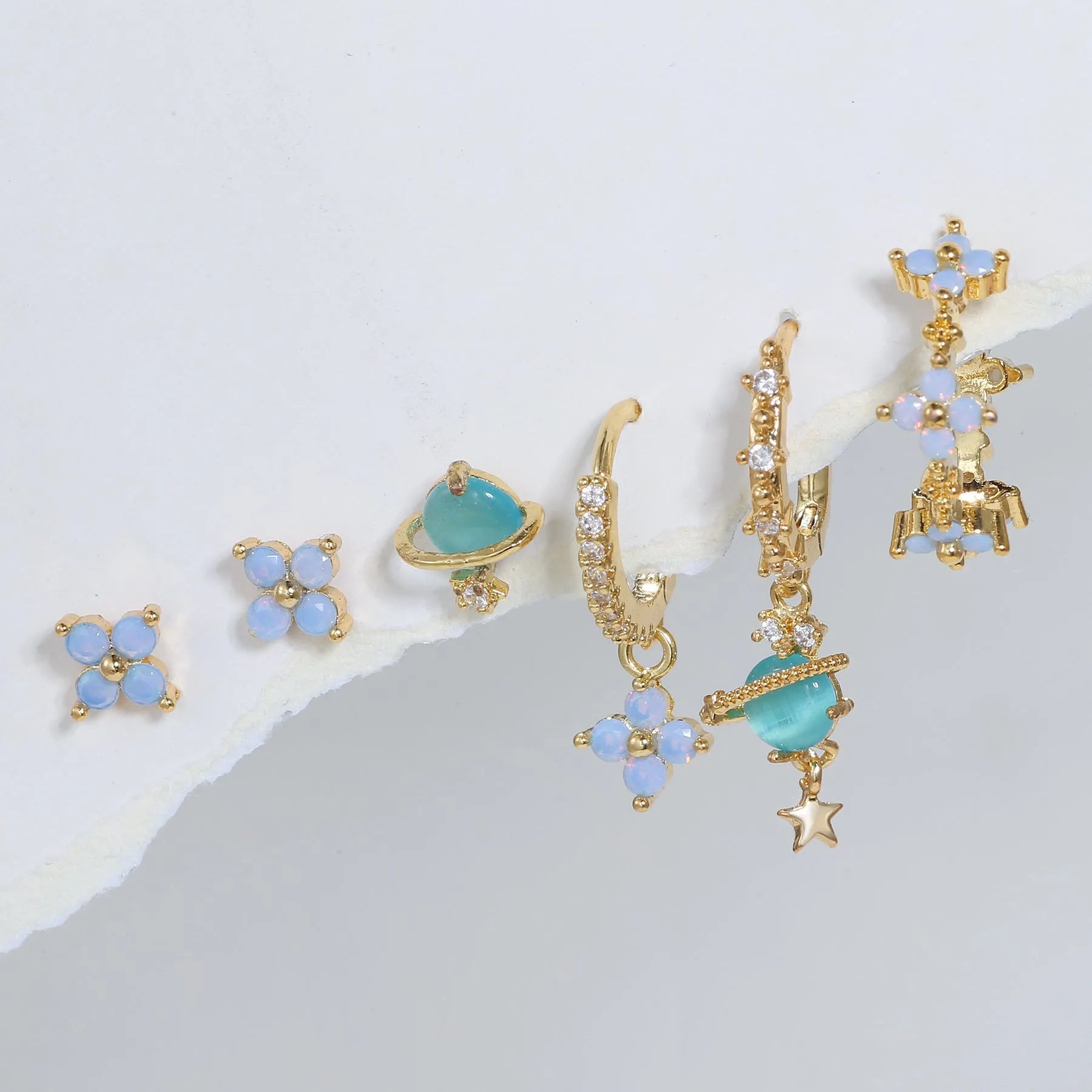 Gold and silver flower nail ear studs with zircon mosaic in Japanese Korean sweet girl style