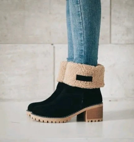 Mid-tube thick heel suede snow boots with round head and flat heel in black gray green khaki orange
