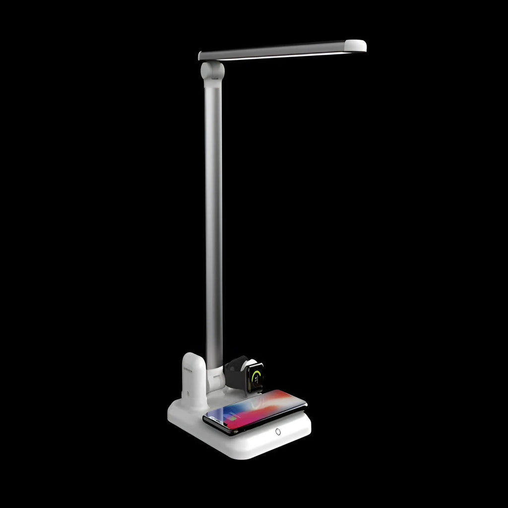Black and white 4-in-1 LED desk lamp with wireless charging pad and adjustable lighting controls