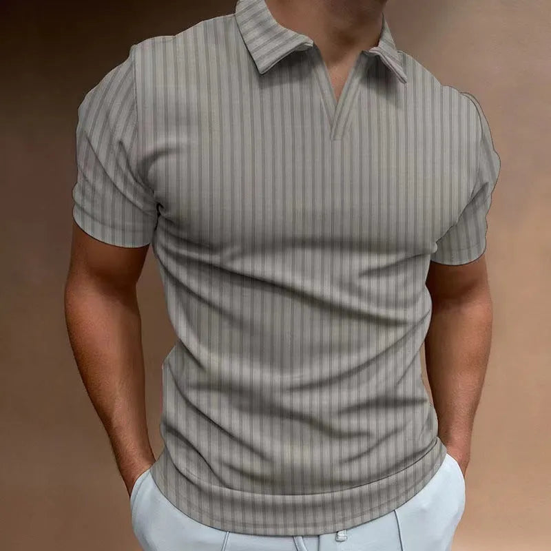 Men's striped V-neck summer sports polo shirt in cotton blend fabric showing elasticity