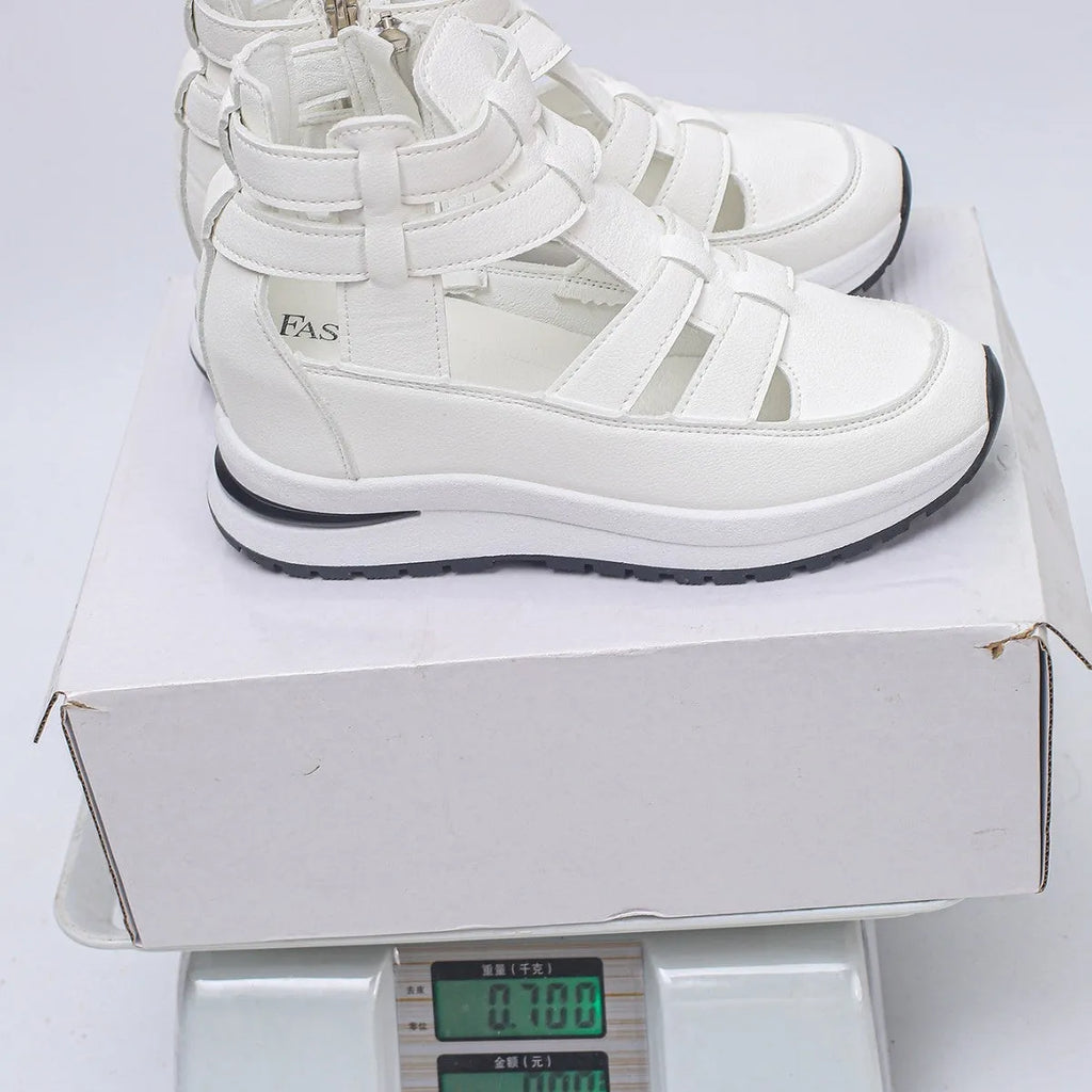 Women's black platform sandals with hollow-out design and velcro strap