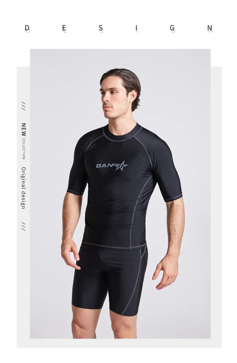 Men's quick-drying half sleeve swim suit with separate swim top and pants in navy blue.
