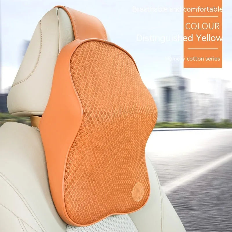 Black and beige memory foam headrest pillow and lumbar support pillow for car seats.