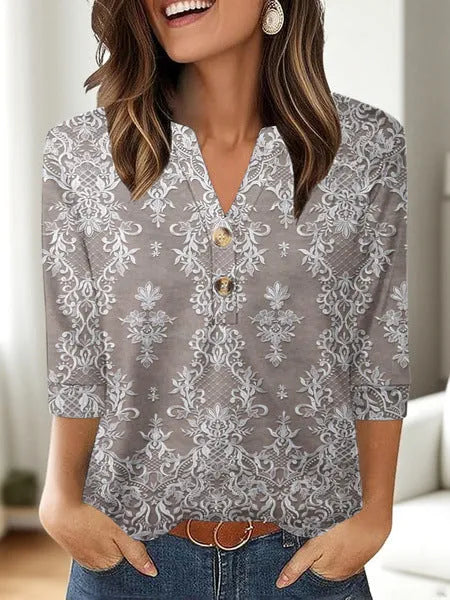 Women's casual V-neck top with 3D pattern in loose fit Japanese style
