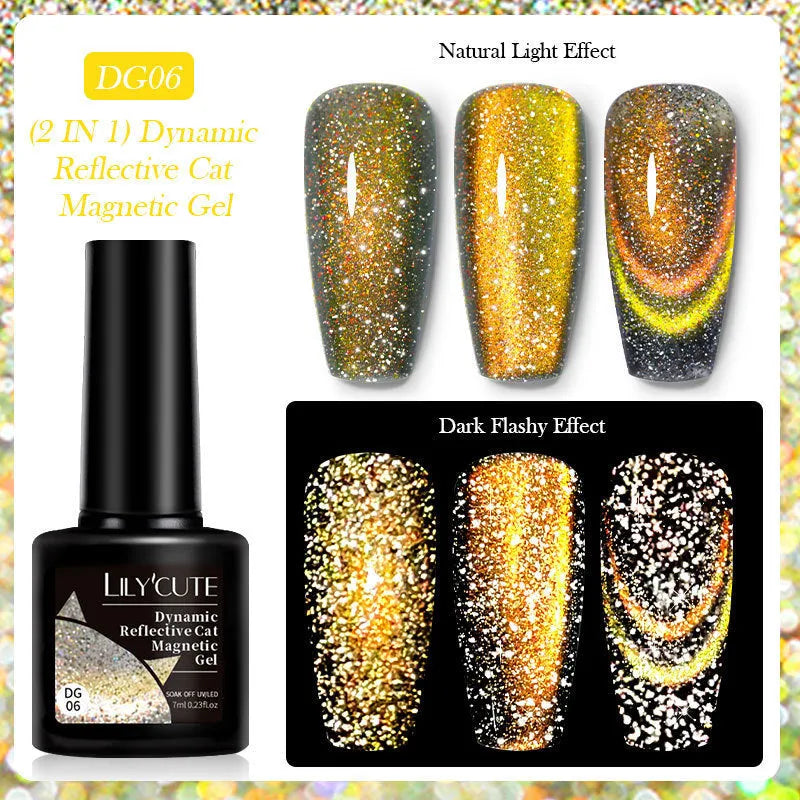 Cat Eye Series UV Gel Nail Polish bottles showing six fluorescent colours with glitter and diamond fragment effects