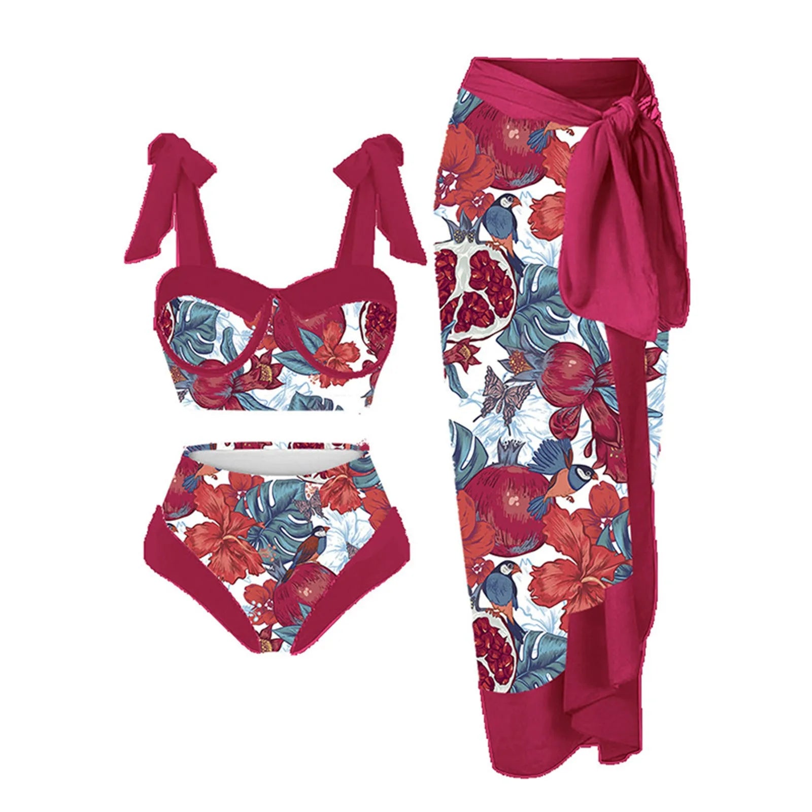 Women's pink printing split swimsuit three-piece set with skirt, bra, and panties.