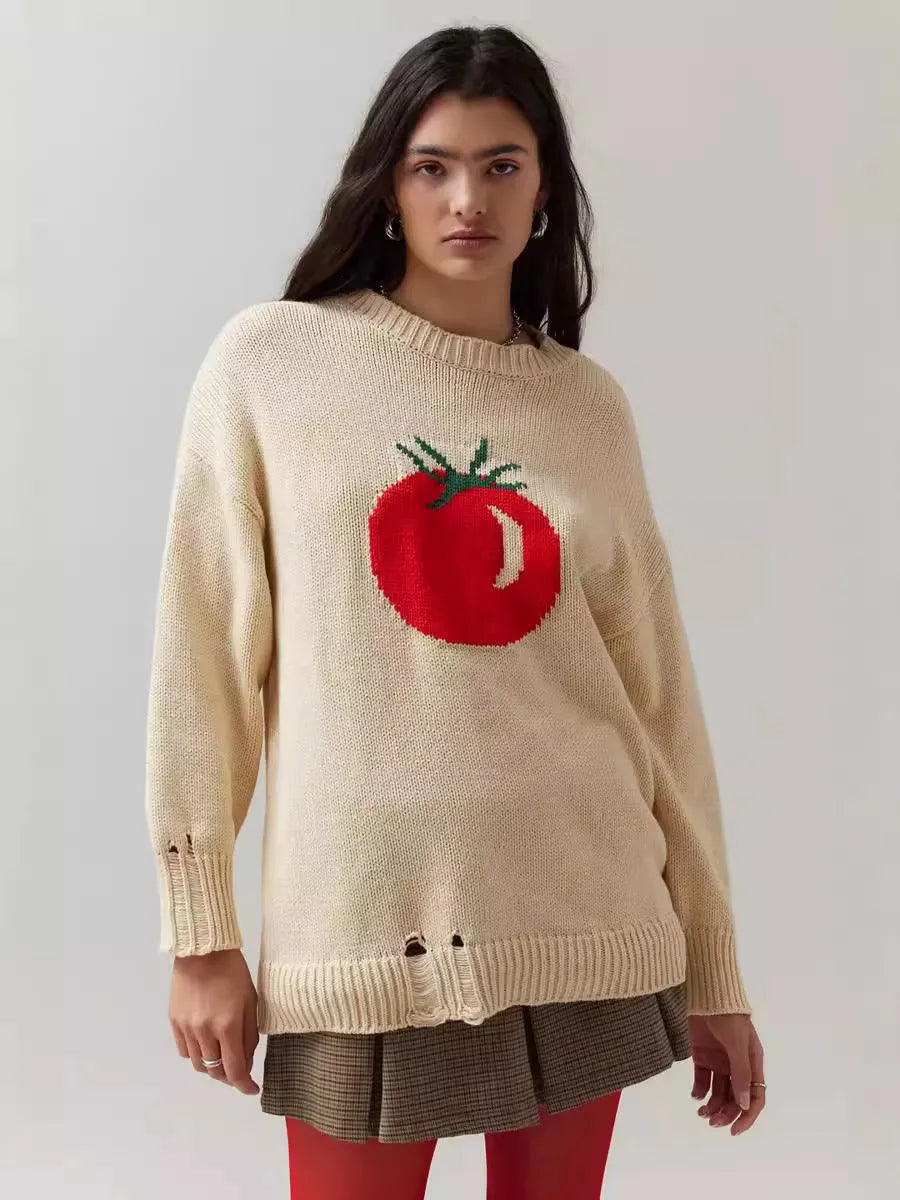 Women's milky white beige acrylic pullover sweater with Jacquard pattern texture and round neck