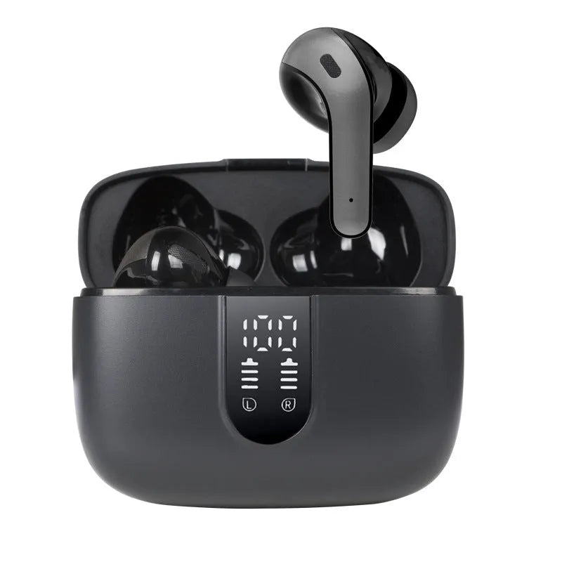 Jerry X08 wireless Bluetooth headphones with digital display and USB charging case in black colour