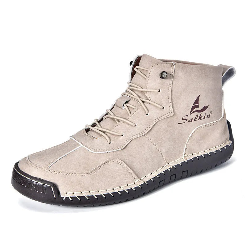 Retro high-top casual boots in artificial PU leather with frosted finish, round toe, and elastic band.
