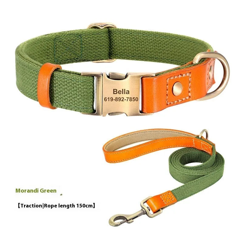 Mohair small dog neck collar and traction rope set in Mo Landi colours with lettering detail