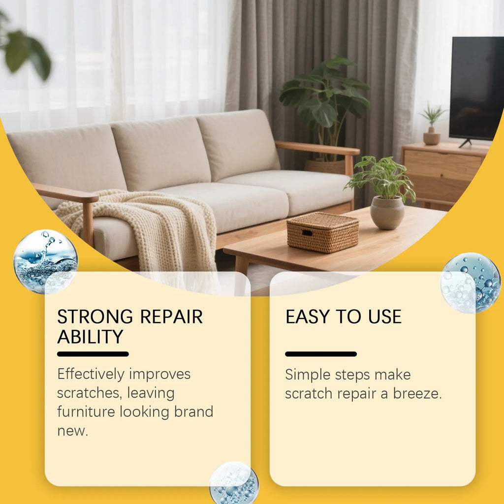 Wooden furniture scratch care kit showing 100ml bottle and microfiber towel on packaging
