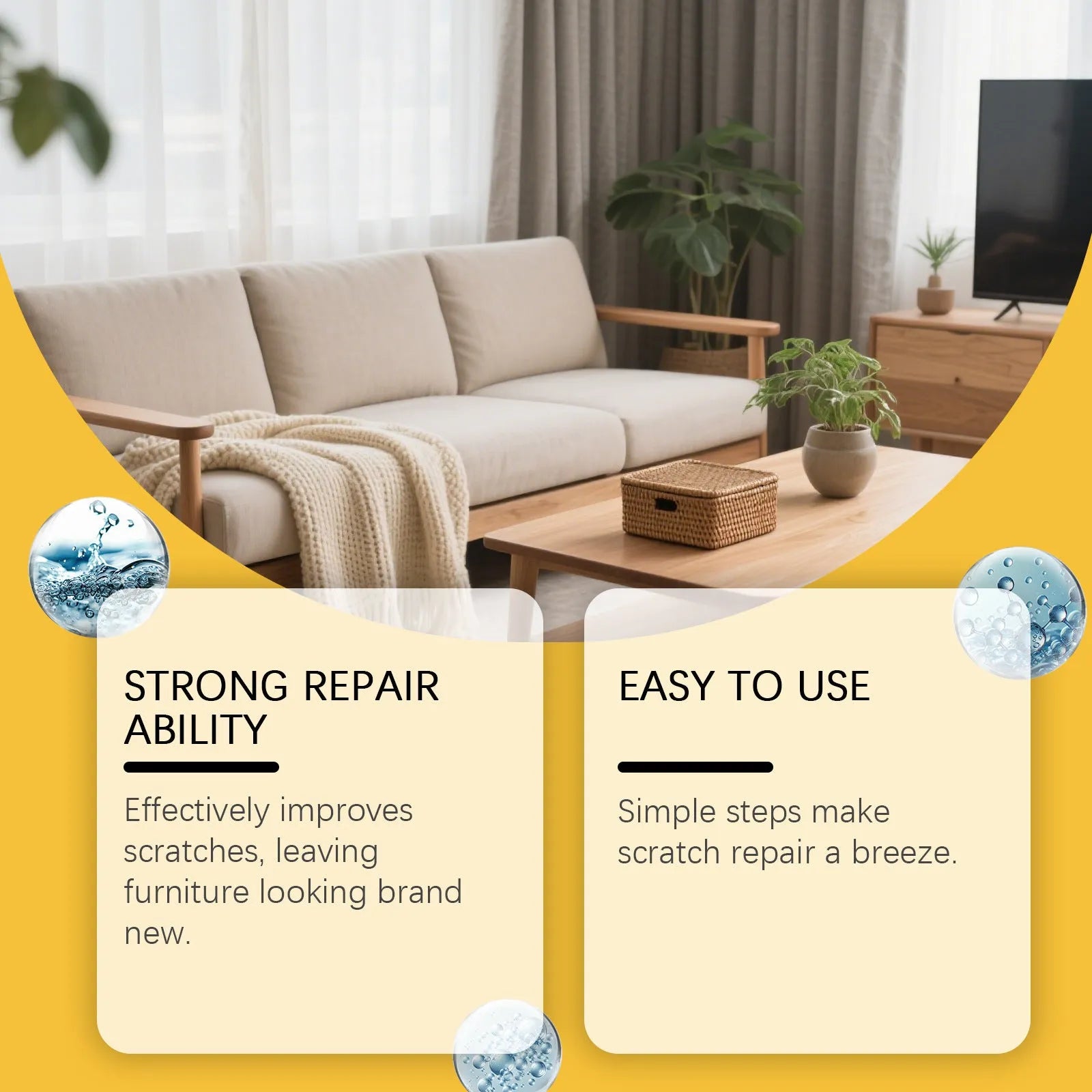 Wooden furniture scratch care kit showing 100ml bottle and microfiber towel on packaging
