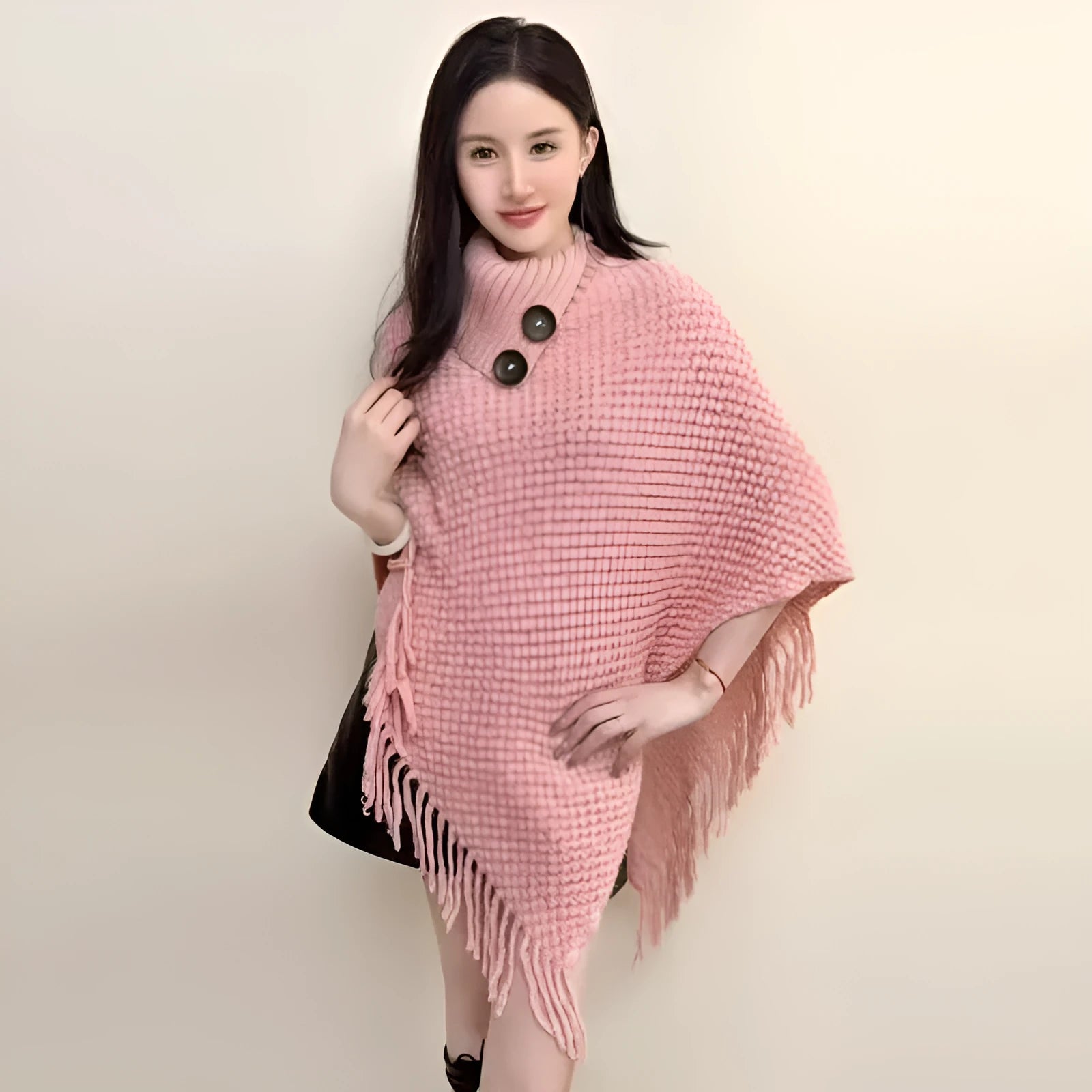 Women's triangle shawl cape in cashmere-acrylic blend with tassel detailing and plush texture
