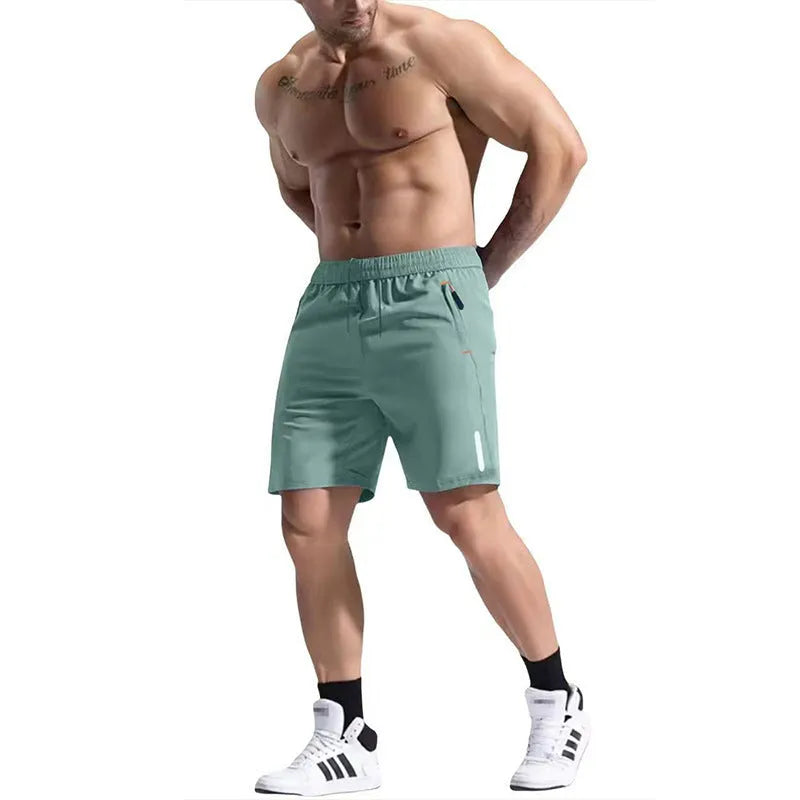 Men's grey elastic waist sports shorts with drawstring, made from bamboo fibre blend fabric.