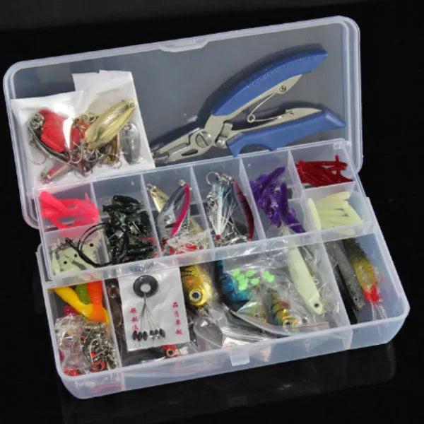 132-piece fishing lure set with plastic baits and steel hooks in rose red colour, organised in compact storage case