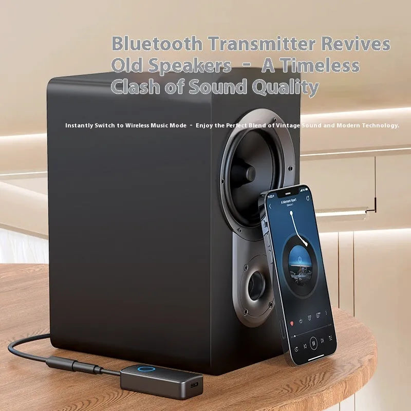 Black Bluetooth 5.4 audio adapter with a 3.5mm plug for wireless car and home stereo connectivity.