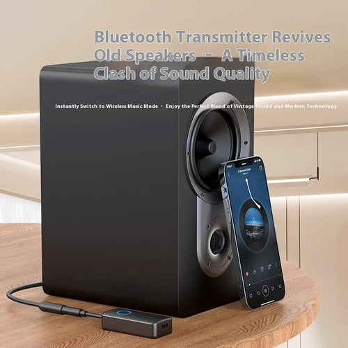 Black Bluetooth 5.4 audio adapter with a 3.5mm plug for wireless car and home stereo connectivity.