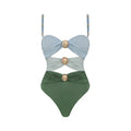 Yellow and green women's high waist split bikini and one-piece swimsuits on a beach backdrop.