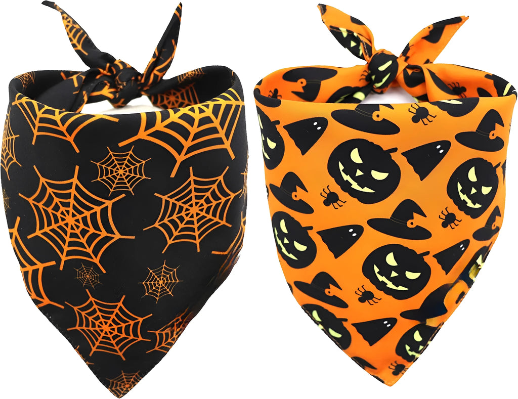 Reversible Halloween dog bandana showing pumpkin and spider web designs in black and orange colours with adjustable neck closure