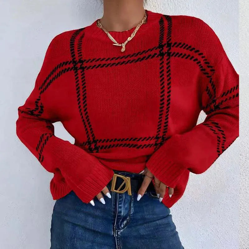 Women's casual plaid colour-block acrylic pullover sweater in loose fit with regular sleeves