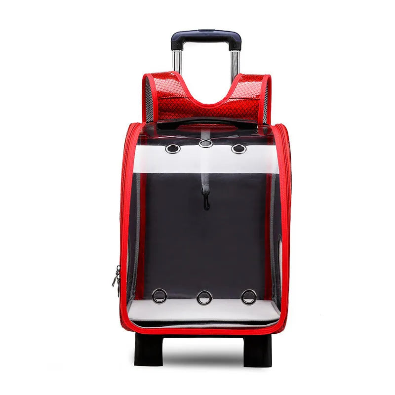 Blue pet trolley bag with transparent acrylic cover showing shoulder strap and trolley wheels