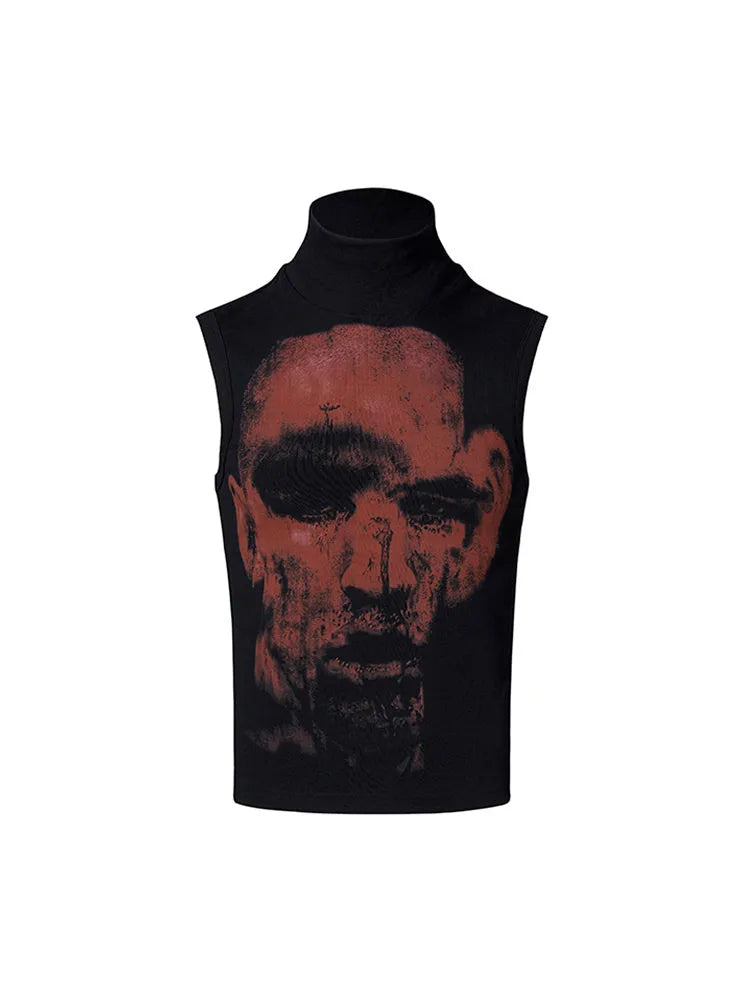 Black sleeveless t-shirt with half turtleneck collar and printed character pattern in slim fit style