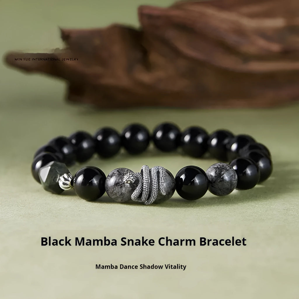 S925 sterling silver men's bracelet with obsidian black hair crystal and snake design