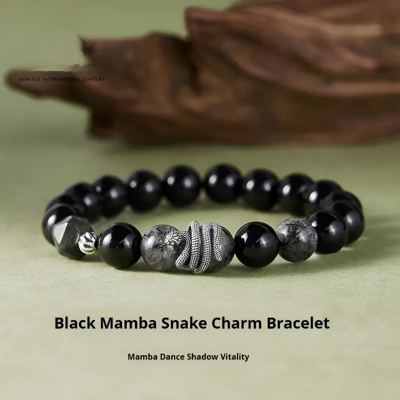 S925 sterling silver men's bracelet with obsidian black hair crystal and snake design