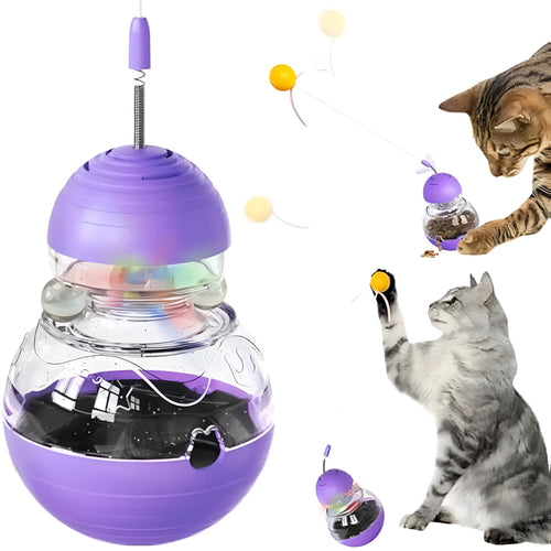 Interactive cat wand toy with feather teaser and food dispenser in pink, purple and yellow colour options