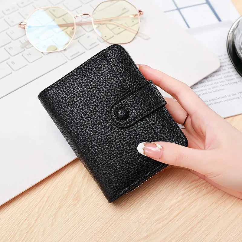 Ladies' short wallet with lychee pattern showing two-fold design in beige, pink, black, and red colour options