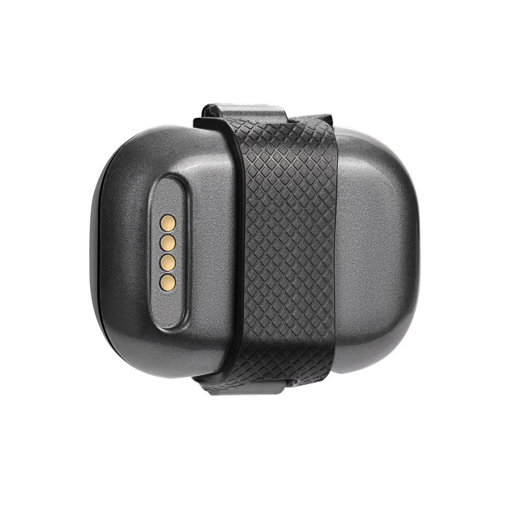 Black ABS plastic pet GPS locator with hanging rope attached for collar mounting.