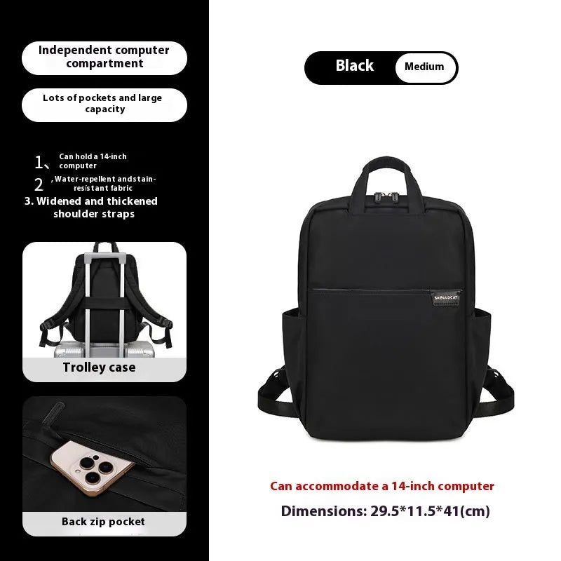 Nylon women's travel backpack in apricot colour showing front pockets and laptop compartment.