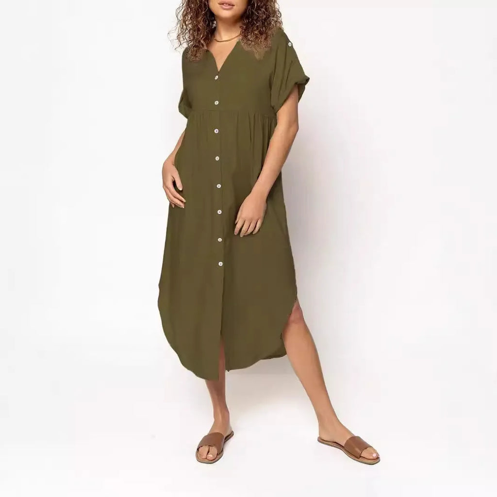 Button-front mid-length casual dress in loose fit available in multiple solid colours