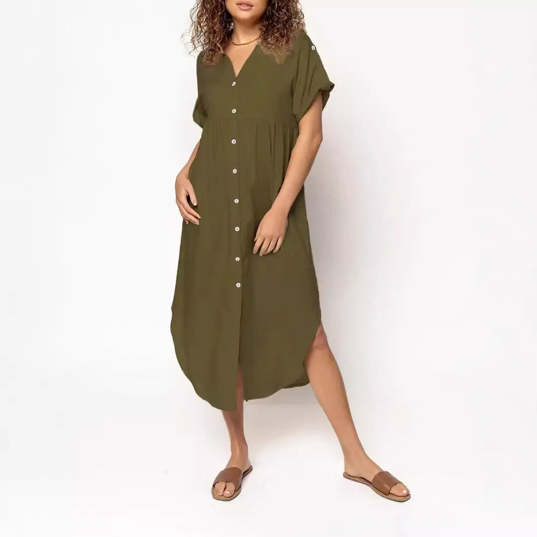 Button-front mid-length casual dress in loose fit available in multiple solid colours