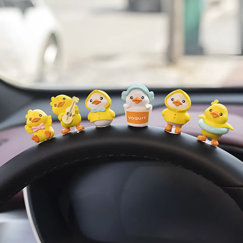 PVC cartoon duckling car decoration set with six ducks and one sign for dashboard or windscreen