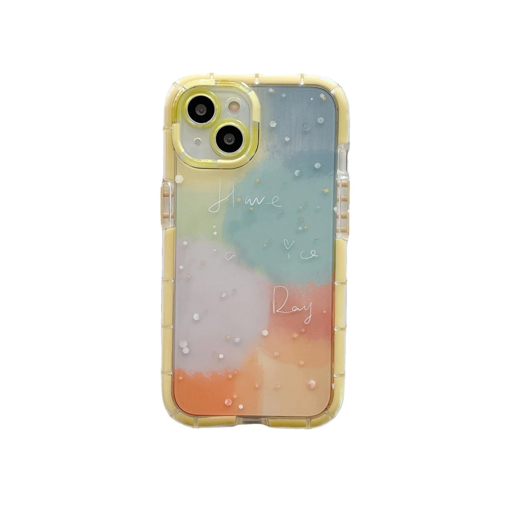 Slim minimalist silicone phone case for iPhone 14 with a yellow edge on a contrasting background.