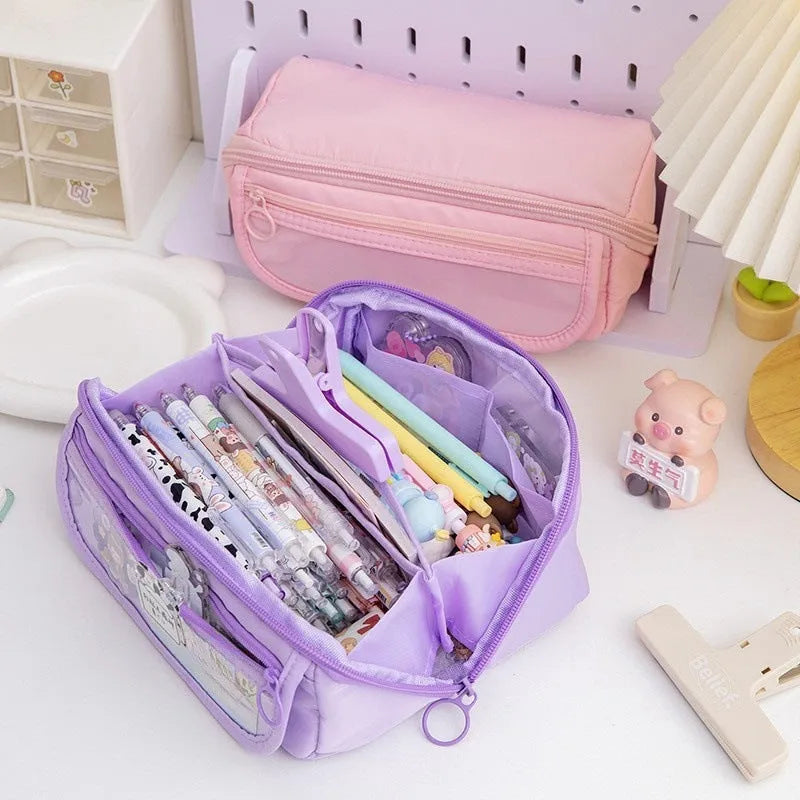 Ten-layer flip canvas pencil case in Korean style with multiple compartments