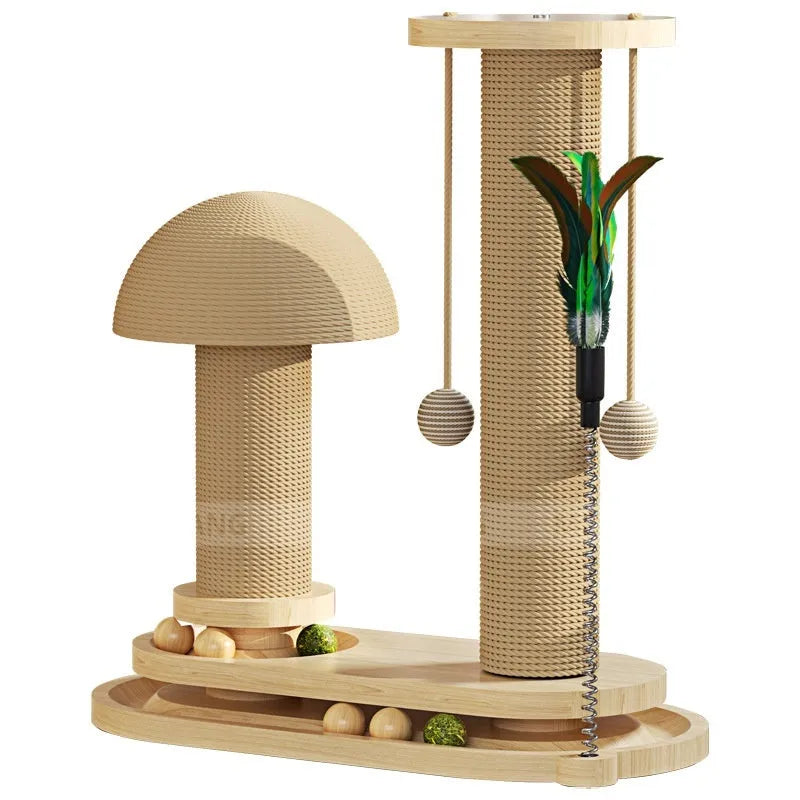 Solid wood cat turntable scratching post with oval mushroom design and natural finish for indoor climbing