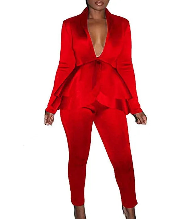 Women's ruffled blouse and pencil trousers business casual pantsuit in eight colour options