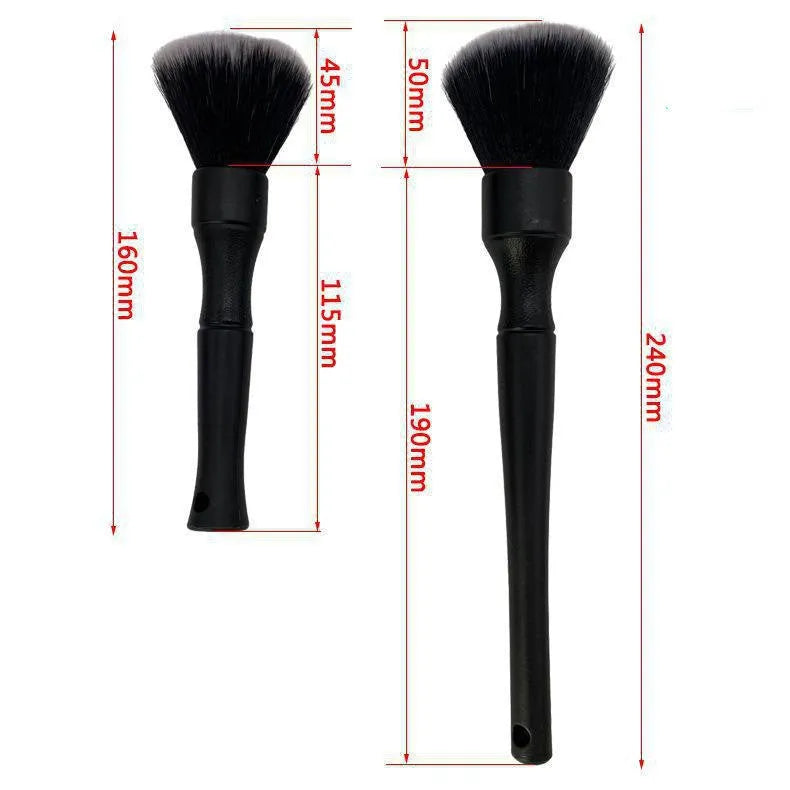 Black car detailing brush with super soft pig hair bristles and PP handle shown in two sizes.