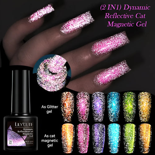 Cat Eye Series UV Gel Nail Polish bottles showing six fluorescent colours with glitter and diamond fragment effects