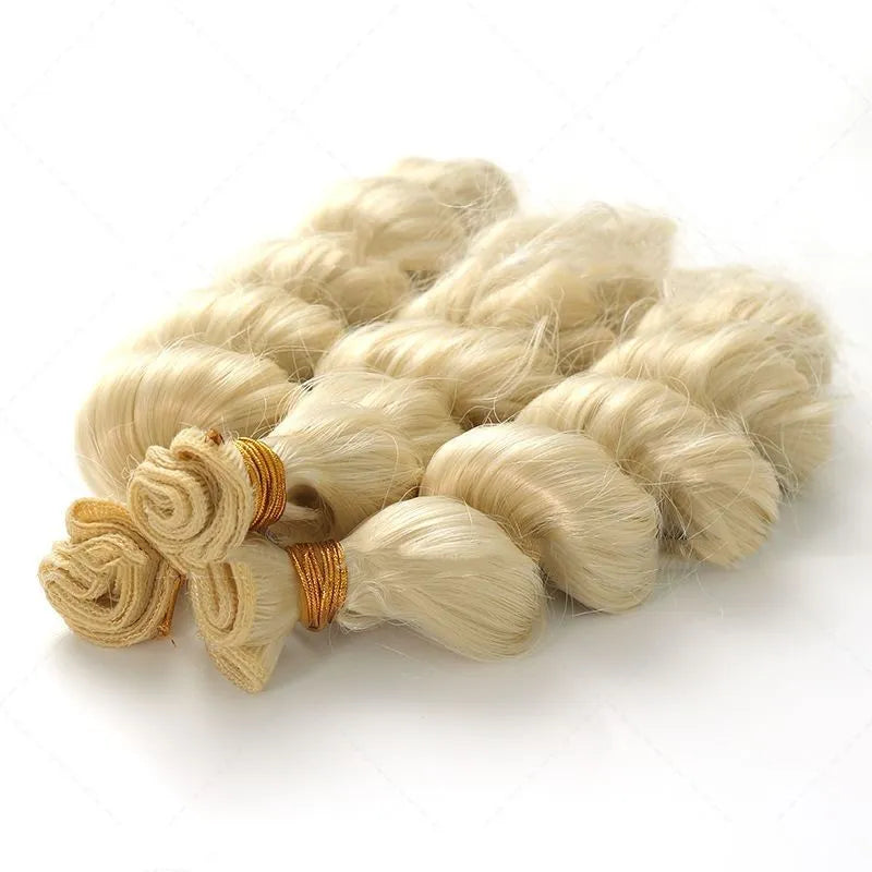 Golden synthetic high temperature fibre hair weft wig for ladies, shown in 18, 20, and 22 inch lengths.