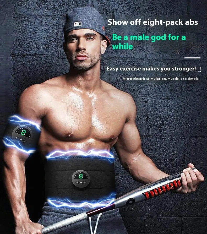 Black fitness belt with digital display screen for waist and abdomen shaping.