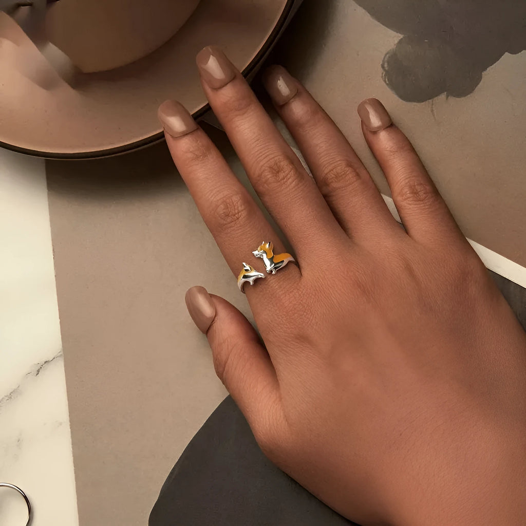 Silver electroplated adjustable corgi dog ring with cartoon design